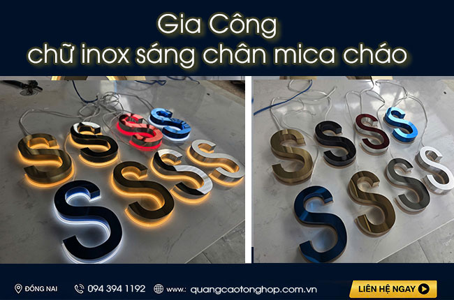 Gia công chữ inox hắt sáng chân mica cháo tại tphcm