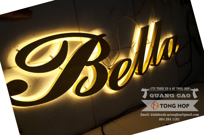 gia công làm chữ inox vàng gắn led hắt sáng chân đẹp